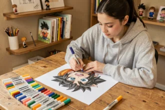 Jeune femme coloriant un dessin kawaii chibi Dragon Ball Z à son bureau avec des marqueurs colorés