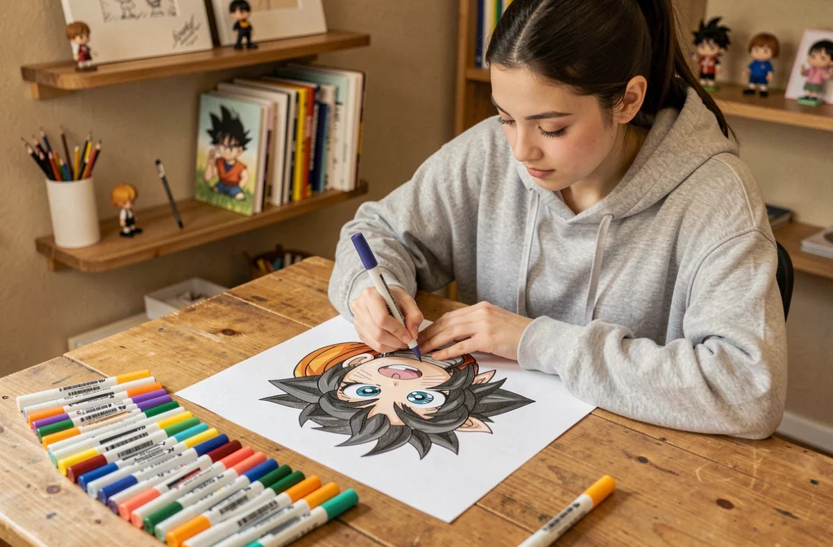 Jeune femme coloriant un dessin kawaii chibi Dragon Ball Z à son bureau avec des marqueurs colorés