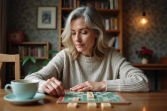 Femme concentrée jouant au Scrabble avec des tuiles Z