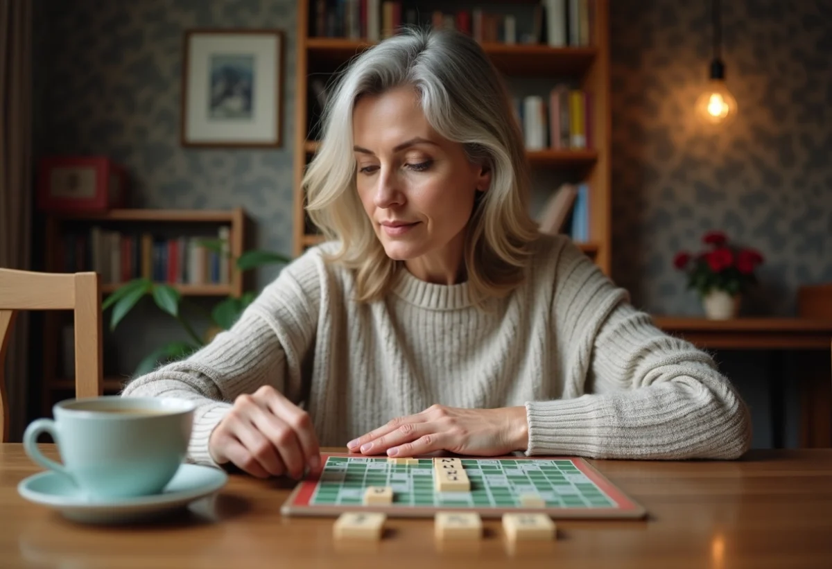 Femme concentrée jouant au Scrabble avec des tuiles Z