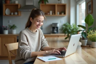 Jeune femme souriante compare des codes promo sur son ordinateur