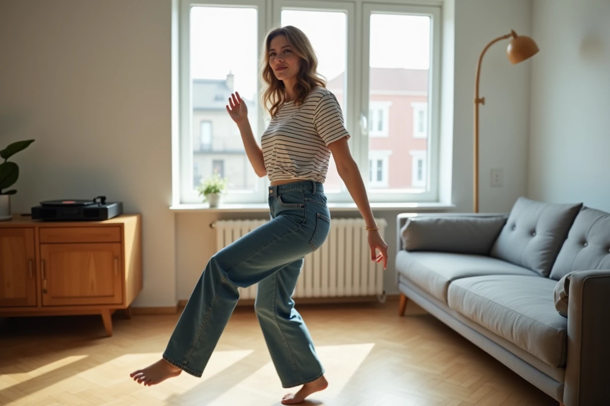Femme pratiquant les pas du madison seule dans un appartement moderne avec platine vinyle en arrière-plan