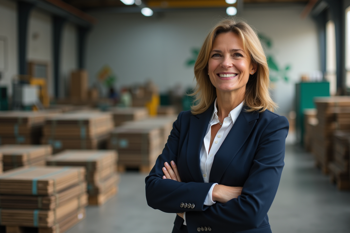 Femme entrepreneure dans une usine de matériaux recyclés
