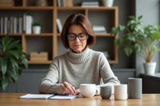 Femme d'âge moyen examinant des produits modernes sur un bureau
