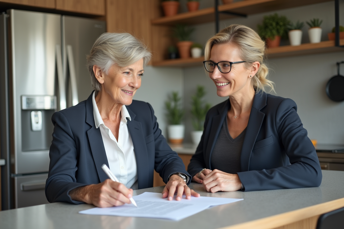 Femme d age reviewant documents avec agent immobilier