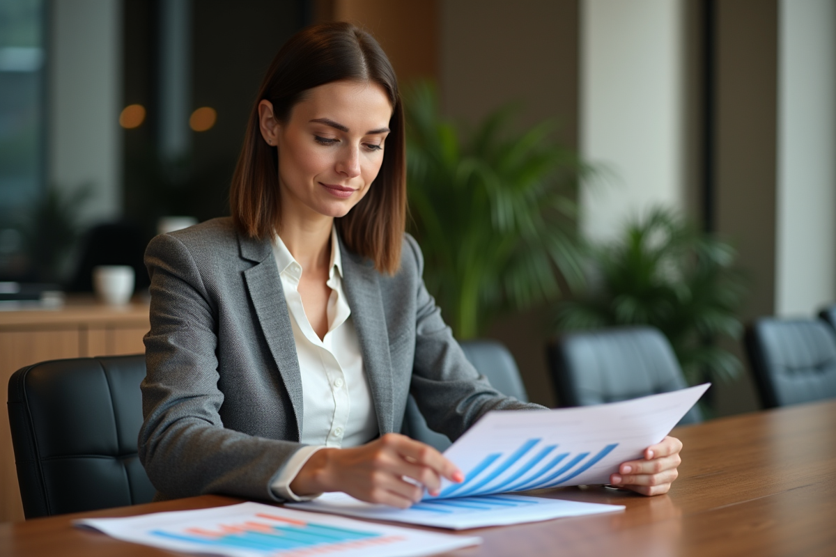 Femme d affaires en réunion avec graphiques d investissement