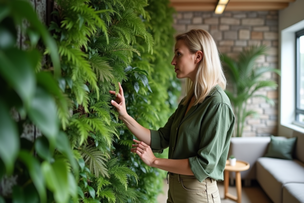 Femme dans un salon moderne touchant un mur végétal intérieur