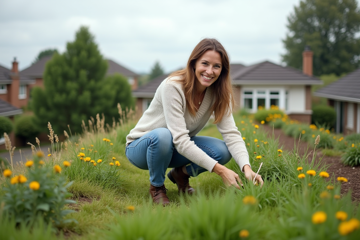 Femme jardinant sur un toit vert dans un quartier résidentiel