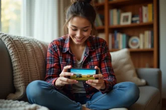 Jeune femme jouant à Hay Day sur smartphone dans un salon confortable, stratégie pour remplir les camions et bateaux