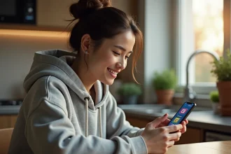 Femme jouant à Monopoly Go sur smartphone et recevant des dés gratuits via un lien cadeau en 2026
