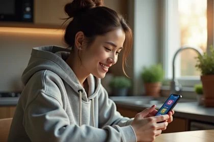 Femme jouant à Monopoly Go sur smartphone et recevant des dés gratuits via un lien cadeau en 2026