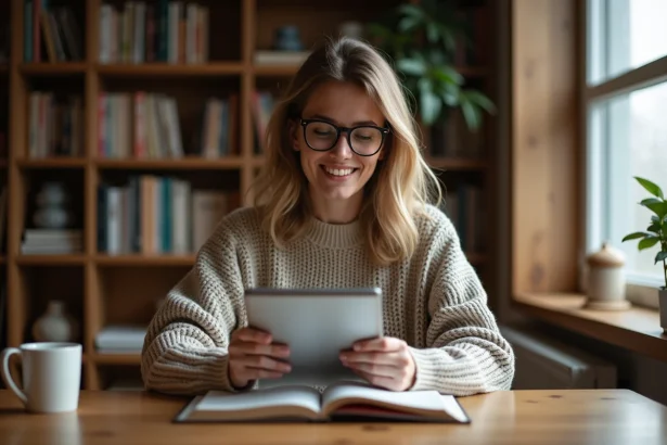 Femme lisant un ebook sur tablette dans un bureau à domicile entouré de livres, illustrant une expérience utilisateur sur un site de livres numériques