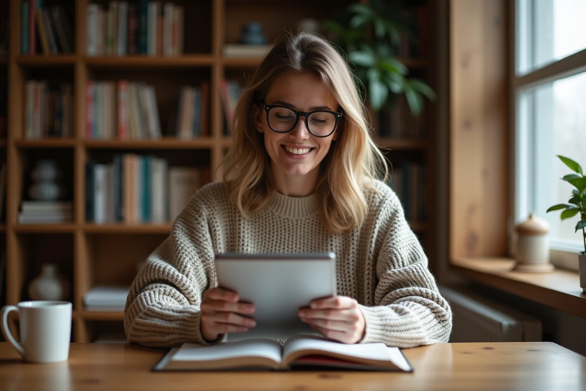 Femme lisant un ebook sur tablette dans un bureau à domicile entouré de livres, illustrant une expérience utilisateur sur un site de livres numériques