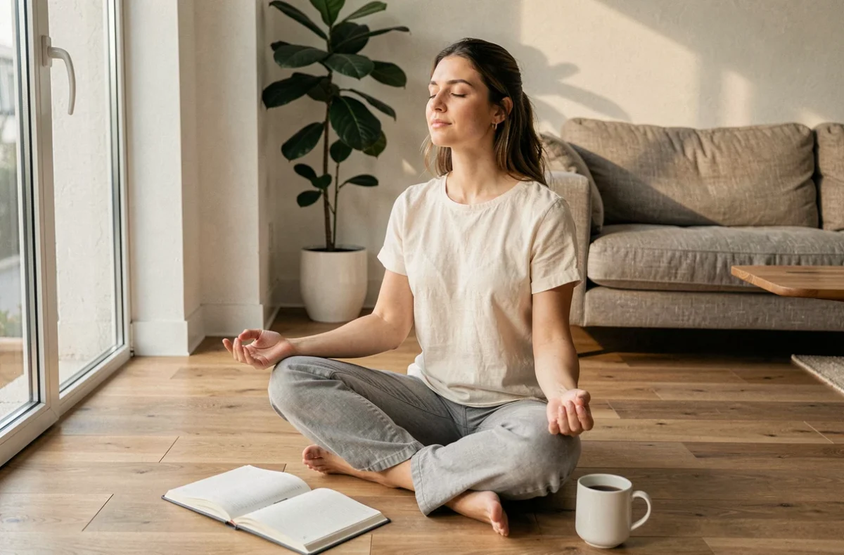 Femme méditant avec un journal ouvert, pratiquant la loi de l'attraction au quotidien dans un intérieur minimaliste