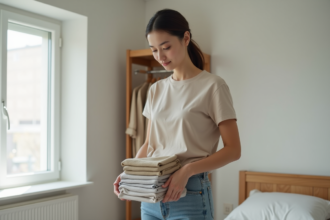 Jeune femme rangeant ses vêtements dans une chambre minimaliste