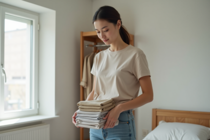 Jeune femme rangeant ses vêtements dans une chambre minimaliste