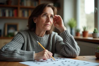 Femme concentrée résolvant des mots croisés avec un crayon à la main, cherchant une ville de 5 lettres