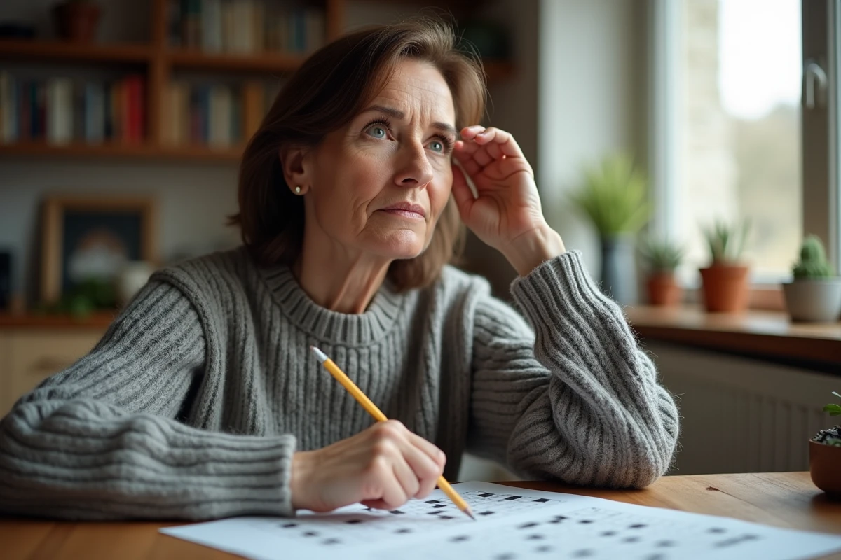 Femme concentrée résolvant des mots croisés avec un crayon à la main, cherchant une ville de 5 lettres
