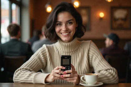 Jeune femme tenant un Nokia 3310 vintage dans un café avec sourire nostalgique