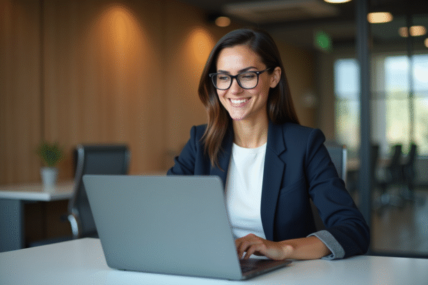 Femme professionnelle au bureau moderne avec ordinateur