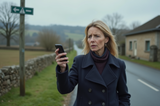 Femme en manteau navy cherche réseau mobile dans un village rural