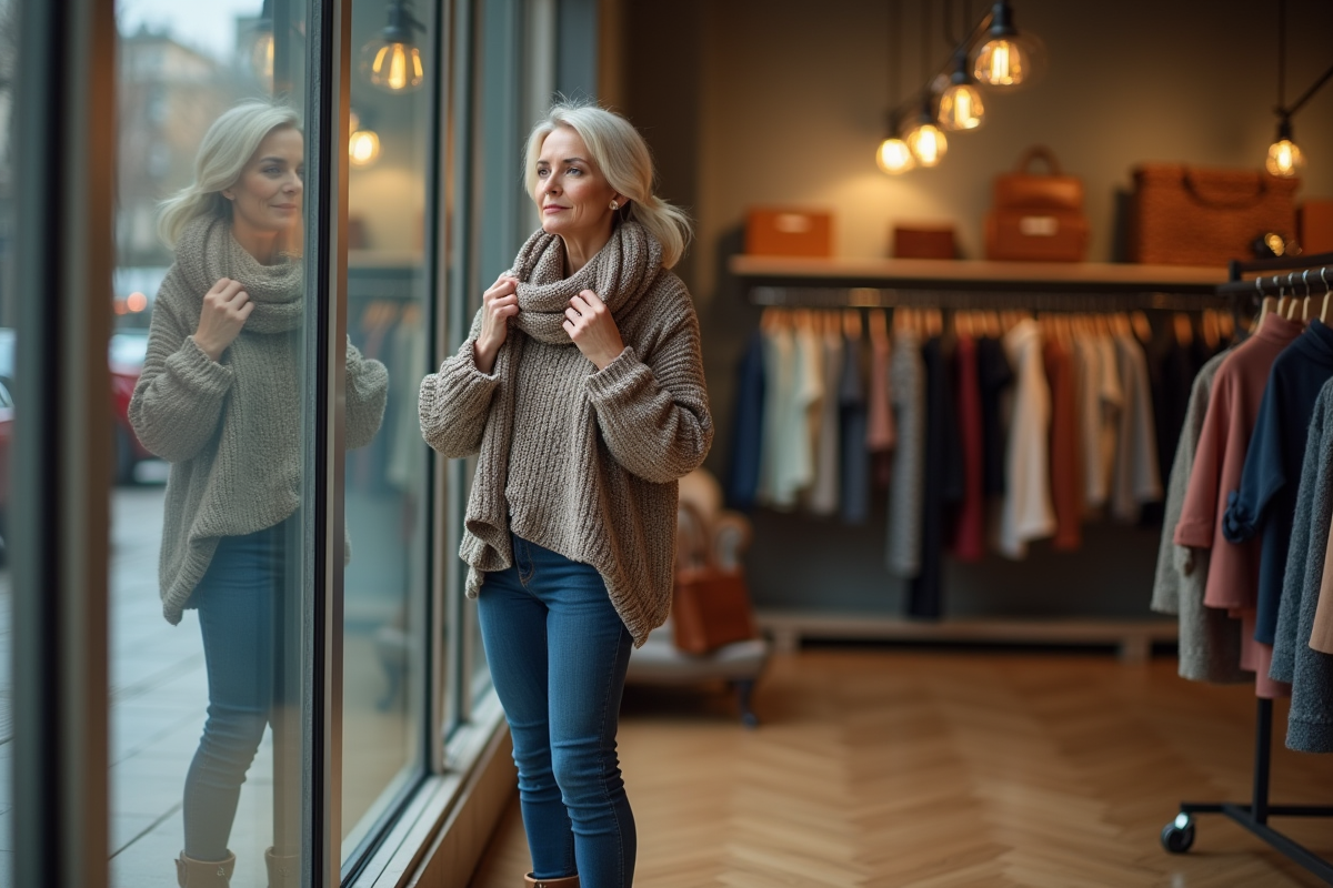 Femme ajustant son foulard dans une boutique mode