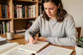 Femme concentrée révisant une règle de grammaire française dans un carnet manuscrit à son bureau en bois