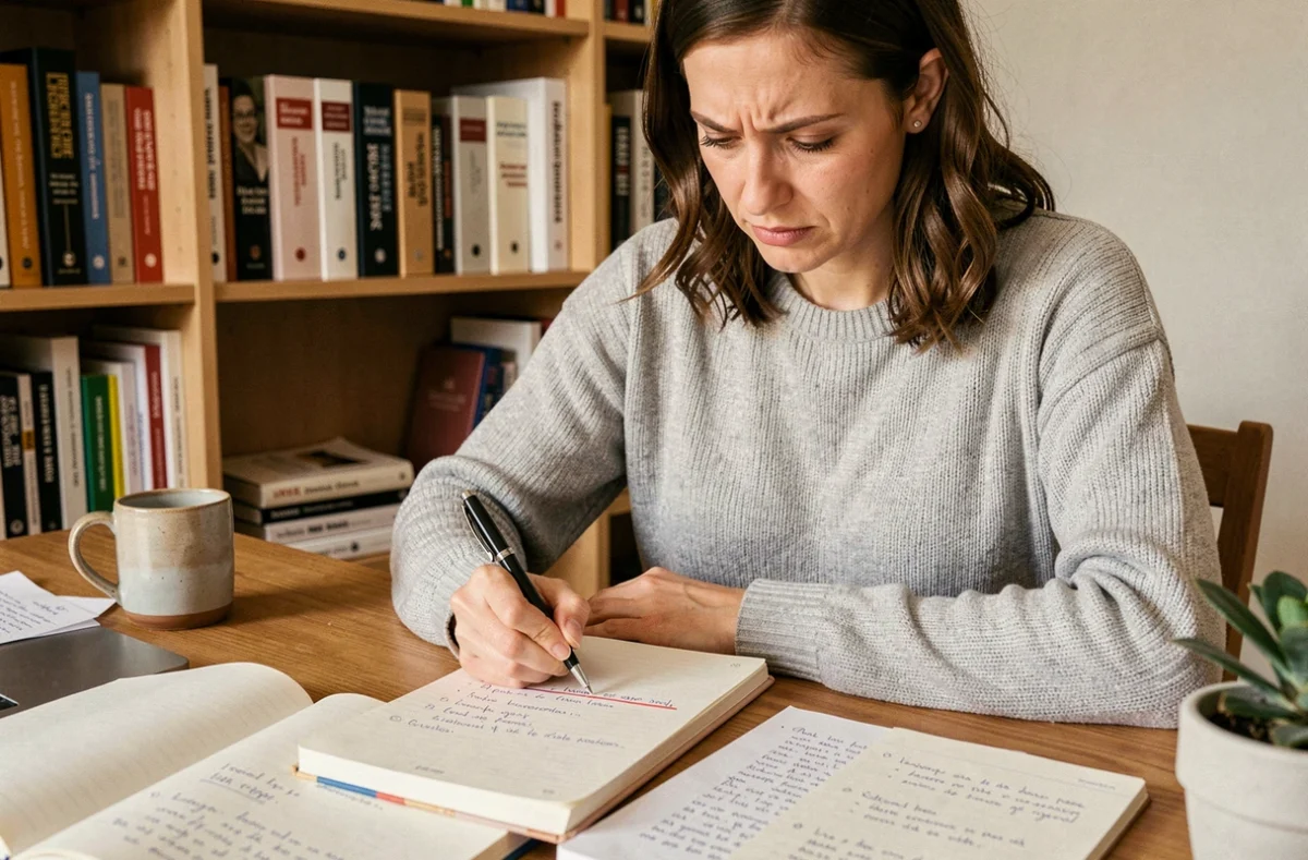 Femme concentrée révisant une règle de grammaire française dans un carnet manuscrit à son bureau en bois