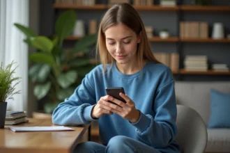 Jeune femme concentrée sur son smartphone dans un salon moderne