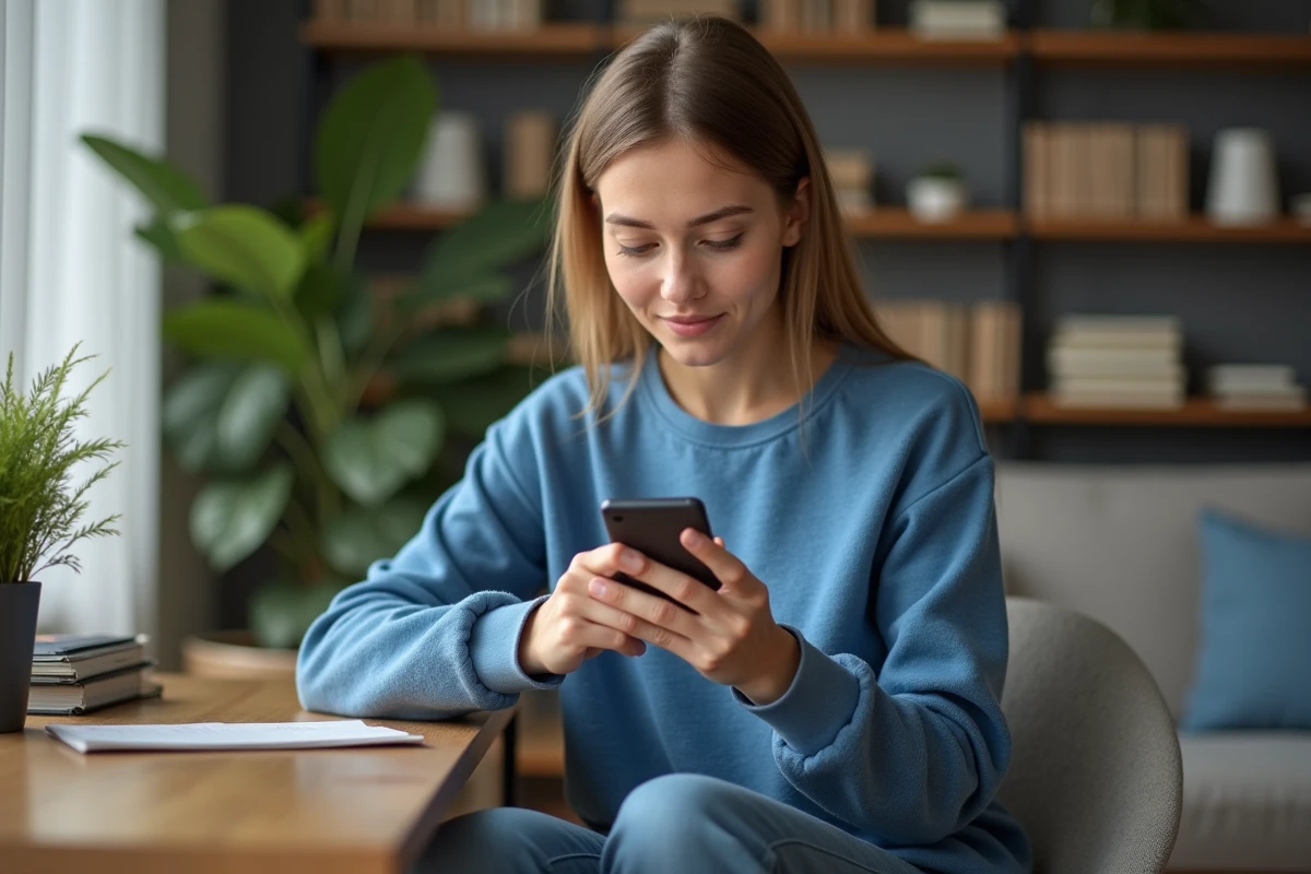 Jeune femme concentrée sur son smartphone dans un salon moderne