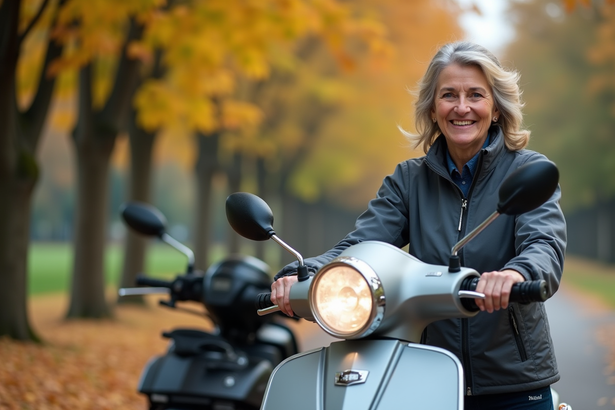 Femme souriante avec scooter dans parc suburbain