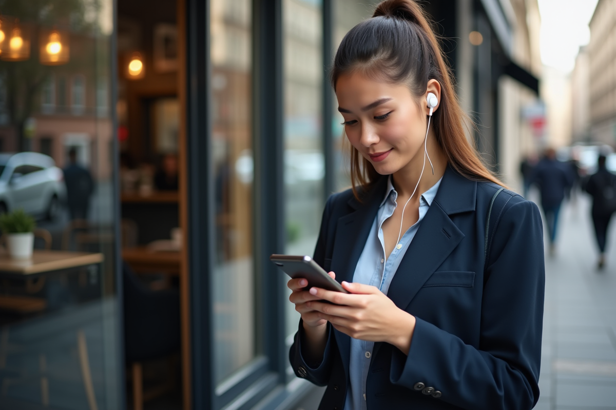 Jeune femme en blazer regardant son smartphone devant un café
