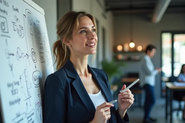 Femme professionnelle analysant une stratégie digitale disruptive sur un tableau blanc dans un bureau moderne de startup