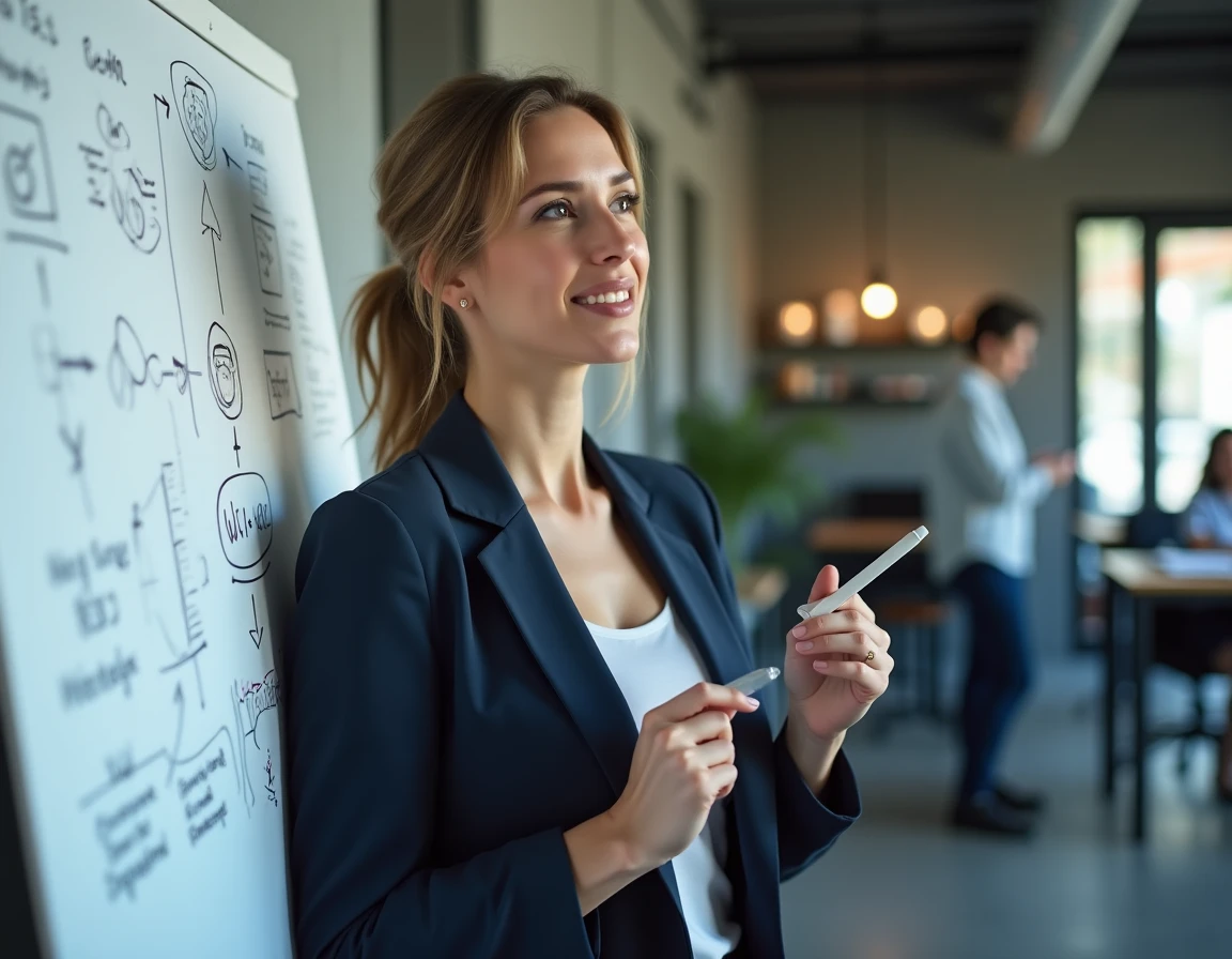Femme professionnelle analysant une stratégie digitale disruptive sur un tableau blanc dans un bureau moderne de startup