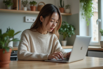Jeune femme compare tablette Samsung et laptop dans sa cuisine