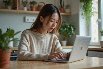Jeune femme compare tablette Samsung et laptop dans sa cuisine