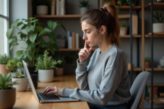 Jeune femme travaillant sur son ordinateur dans un bureau à domicile