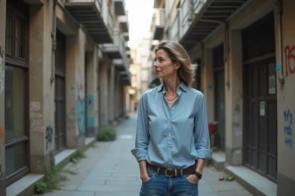 Femme debout devant bâtiments en délabrement en ville