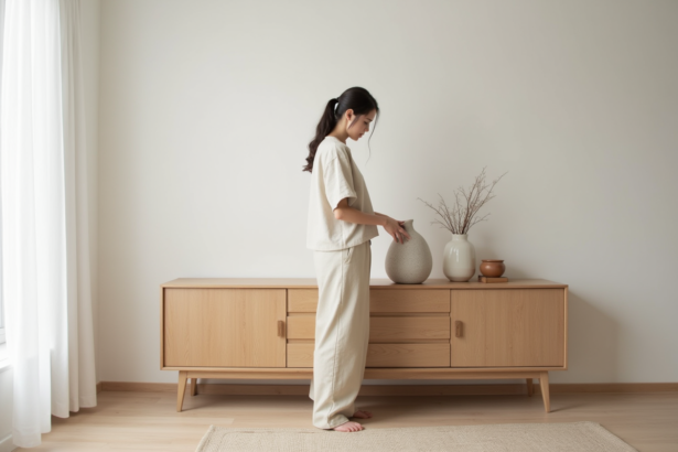 Jeune femme arrangeant un vase en céramique dans un salon minimaliste