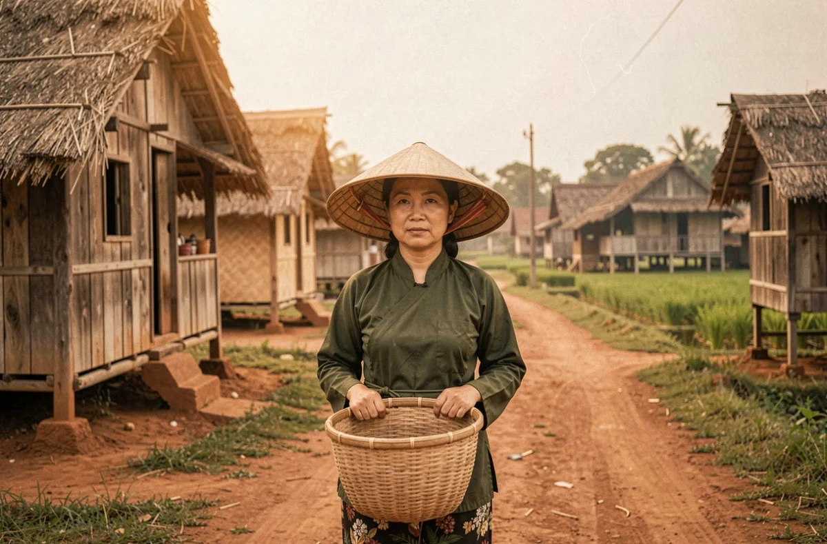 Femme vietnamienne en tenue traditionnelle dans un village rural pendant la guerre du Vietnam, ambiance documentaire réaliste
