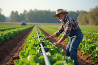 Ferme avec fermier inspectant un système d'irrigation