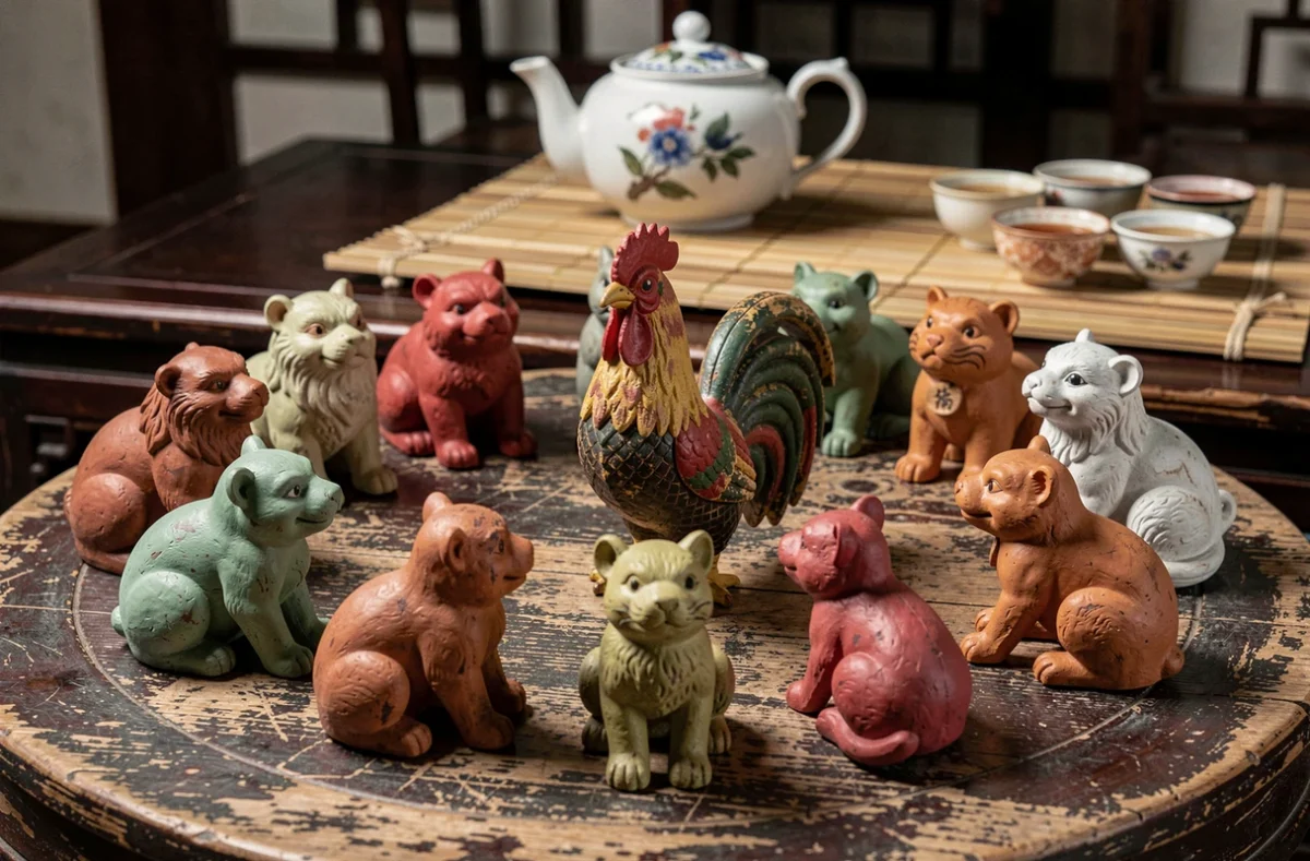 Figurines du zodiaque chinois disposées en cercle représentant les douze signes et leur compatibilité