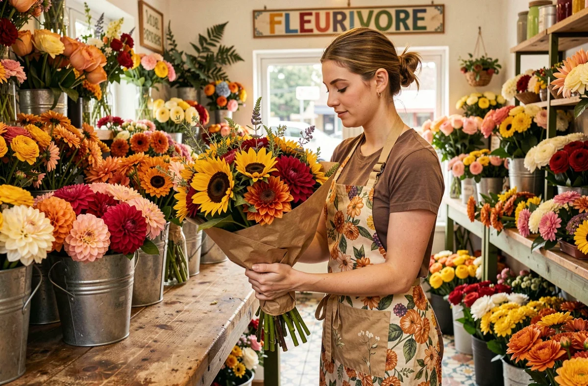 Fleuriste féminine emballant un bouquet de dahlias et tournesols dans du papier kraft, entourée de seaux de fleurs, style Fleurivore Paris