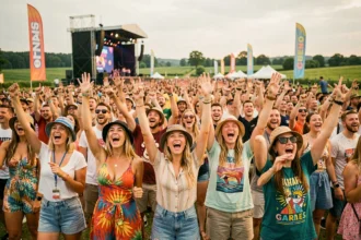 Foule enthousiaste de festivaliers au festival des Vieilles Charrues lors d'un concert pop ou rap en plein air