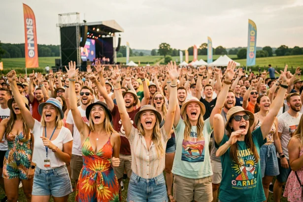 Foule enthousiaste de festivaliers au festival des Vieilles Charrues lors d'un concert pop ou rap en plein air