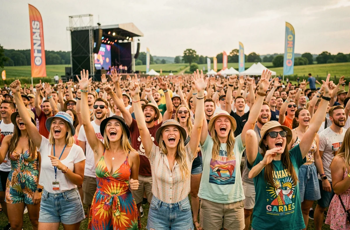 Foule enthousiaste de festivaliers au festival des Vieilles Charrues lors d'un concert pop ou rap en plein air