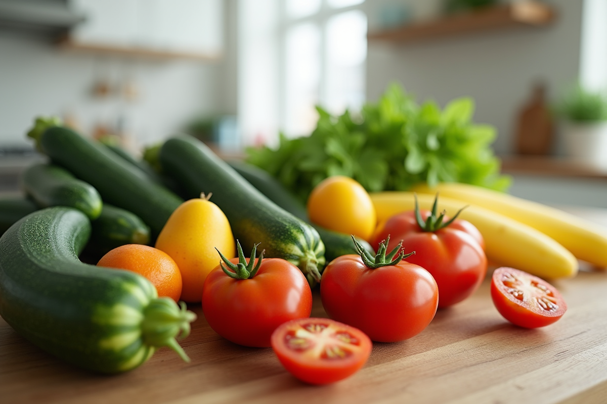 Fruits et légumes Z dans une cuisine moderne lumineuse