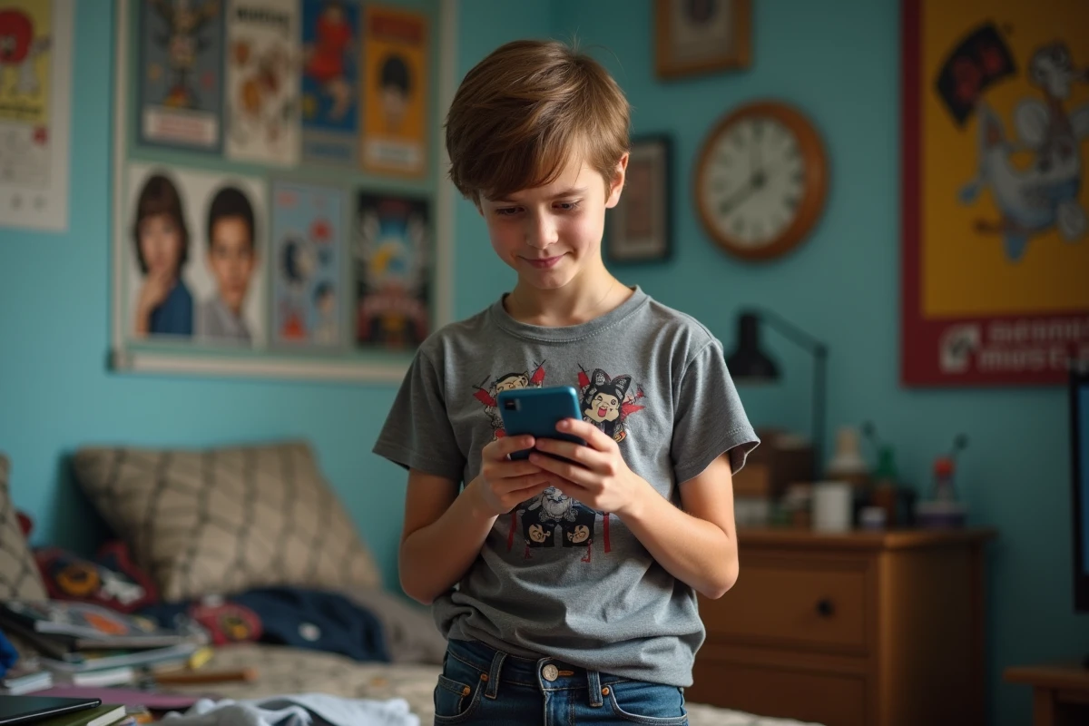 Jeune garçon dans sa chambre regardant son téléphone