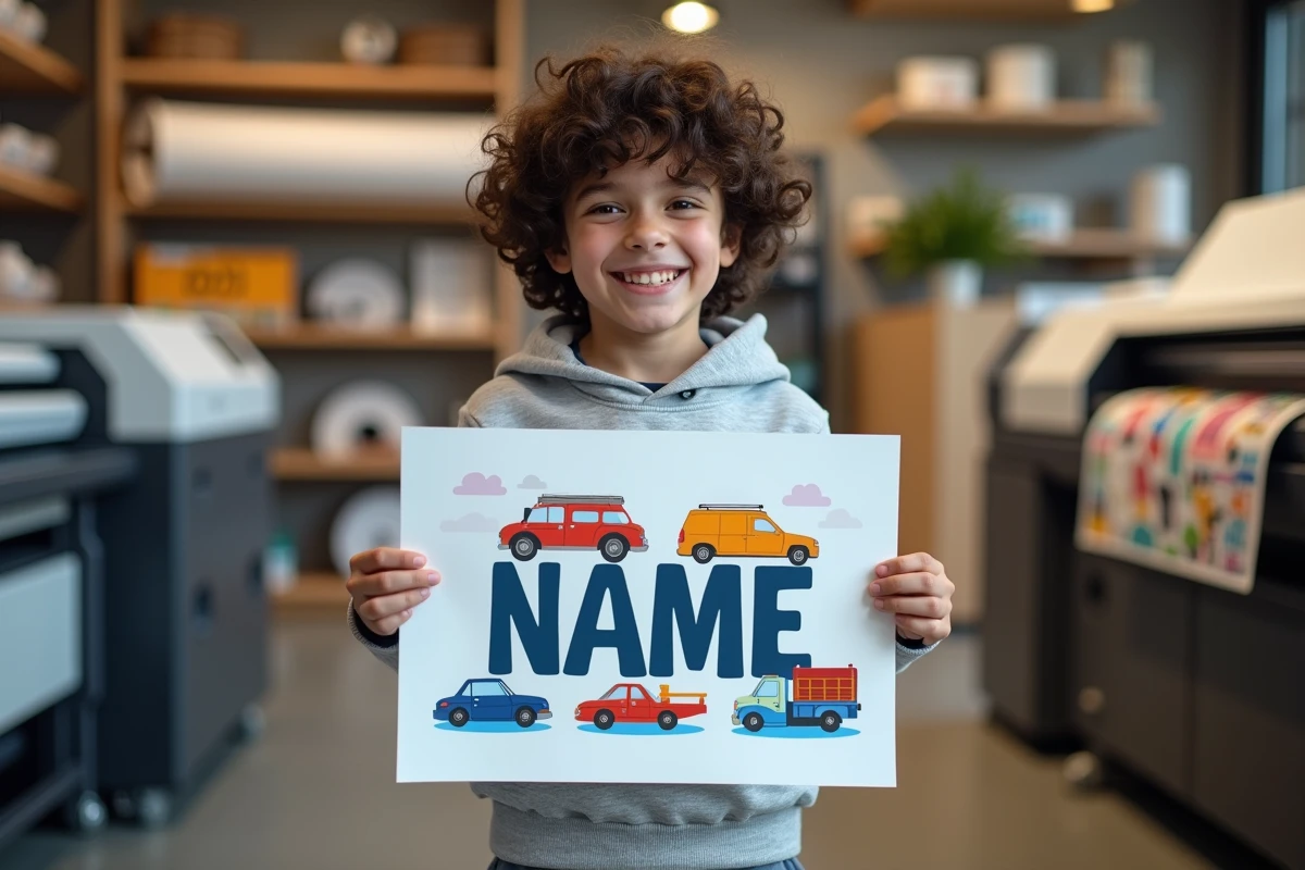 Garçon de 8 ans admirant une affiche imprimée dans un atelier