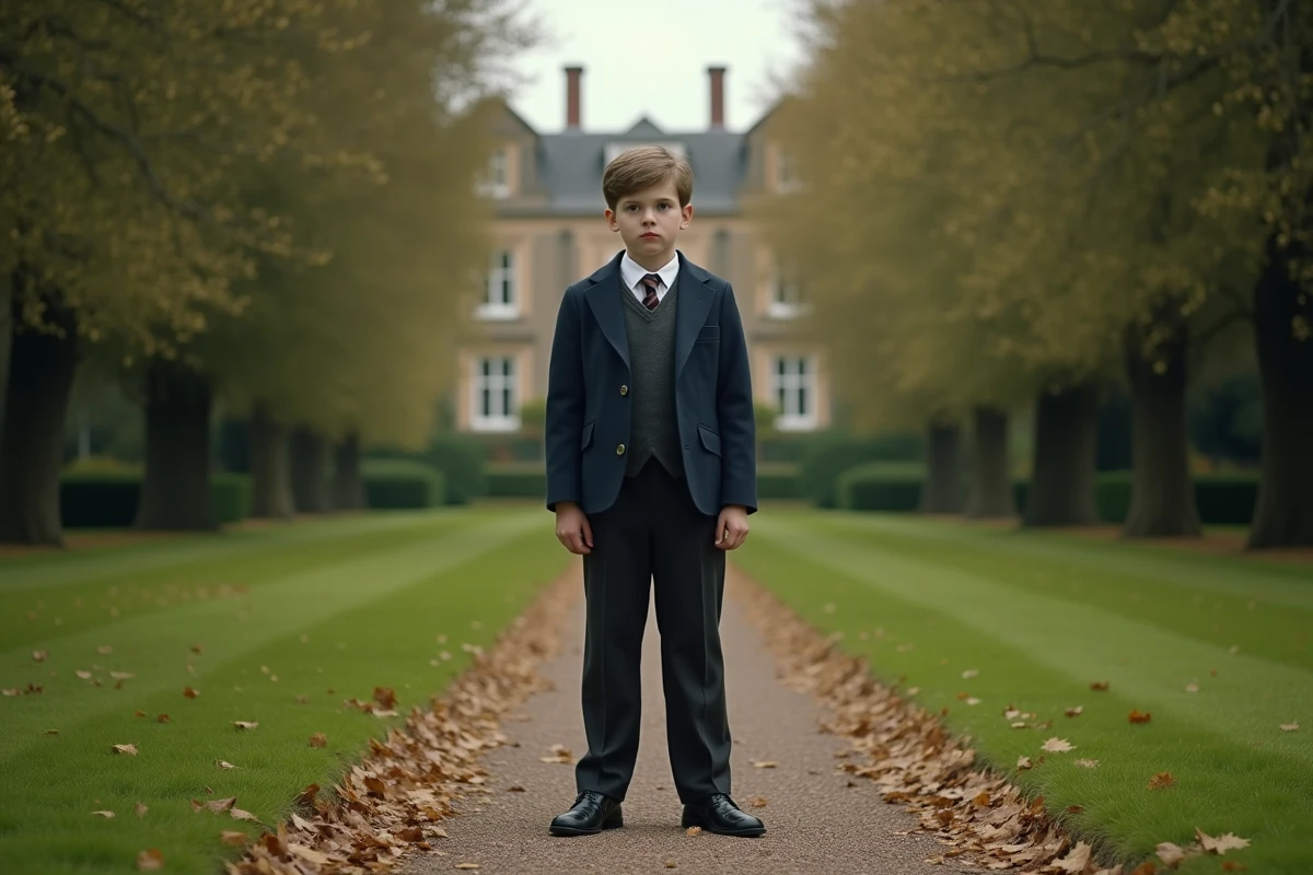 Garçon sérieux dans un jardin avec une grande maison en arrière-plan